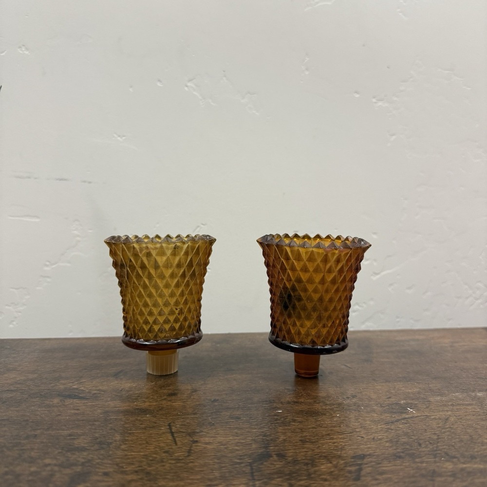 Pair Vintage Amber Glass Diamond‎ Peg Votive Cup Candle Holders Sconces